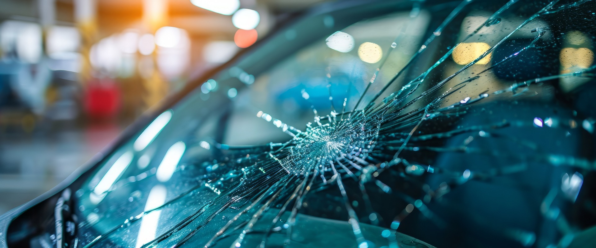Car windscreen damaged at auto service station garage, selective focus.