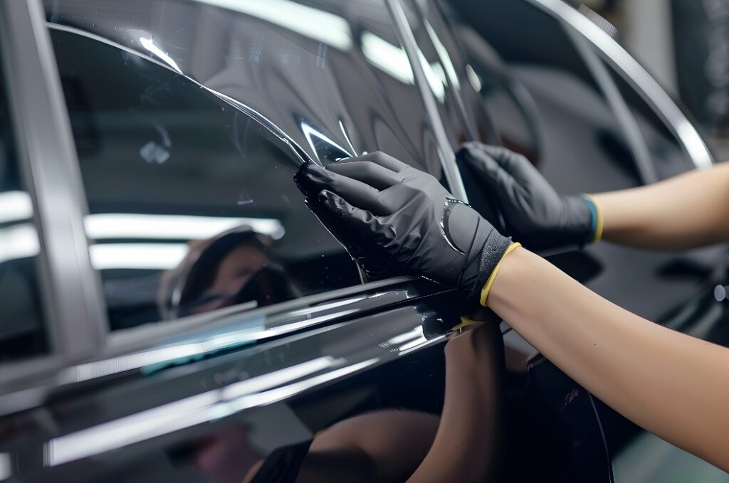 Autotönung - Arbeiter bringt Tönungsfolie auf Autoscheiben an.